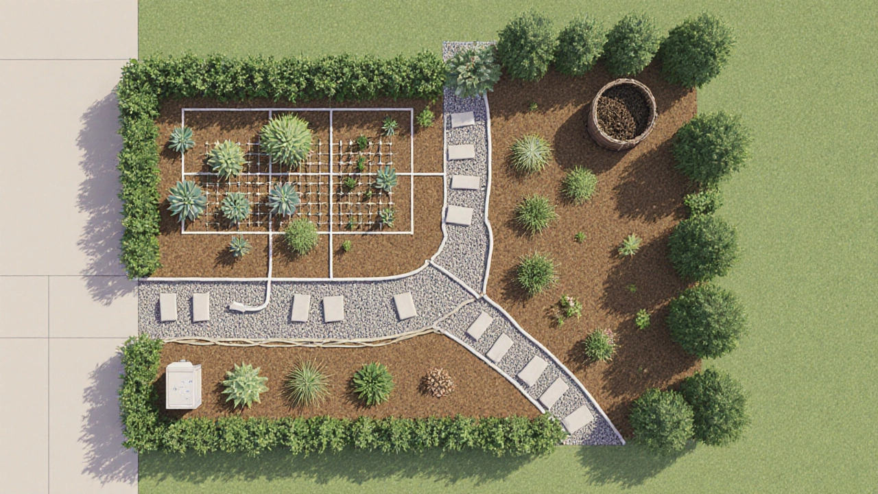 Aerial garden layout showing water zones, drip irrigation grid, gravel paths, and compost area.