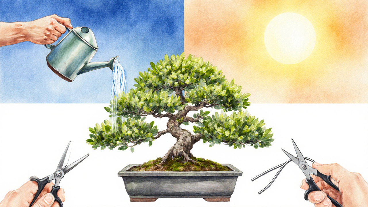 Artistic split view showing watering, light, pruning, and wiring around a central bonsai.