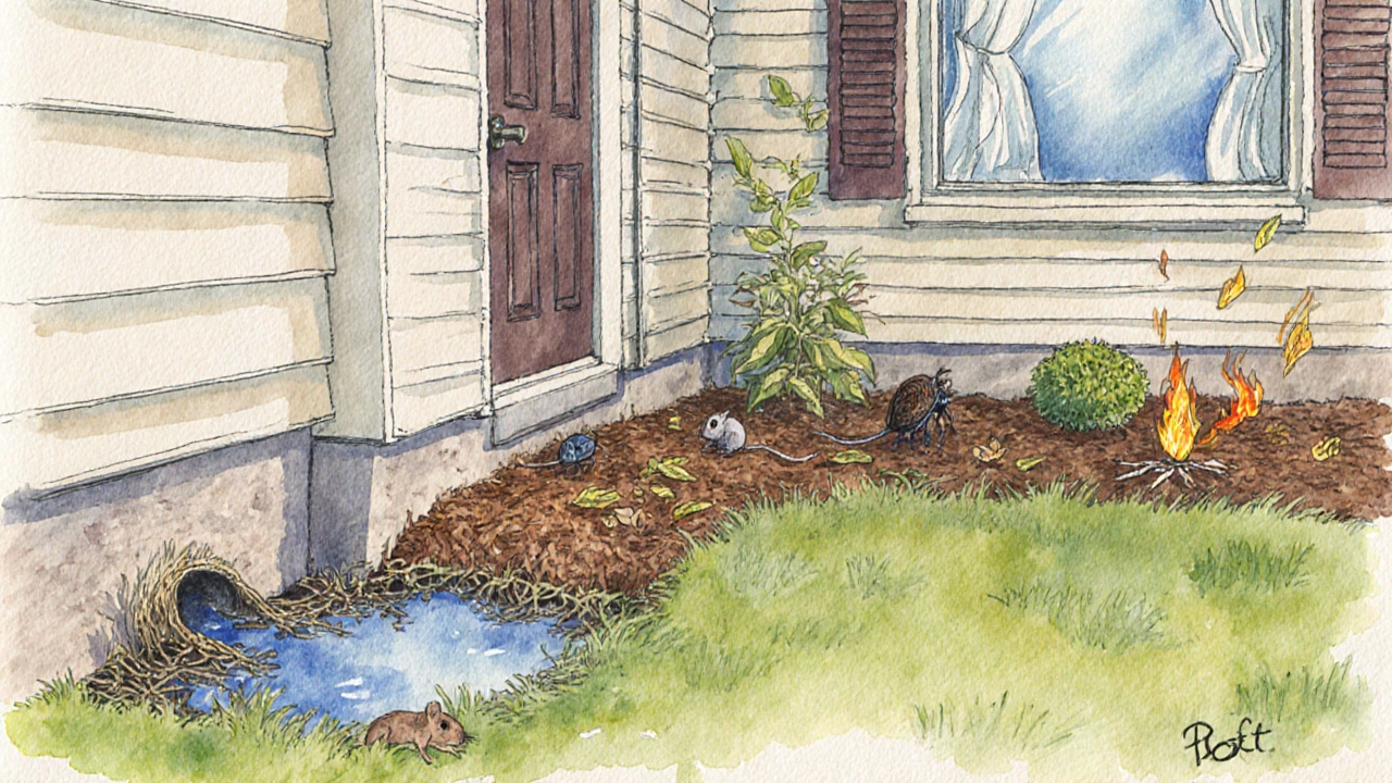 Backyard illustration shows roots, water puddle, dry mulch, pests, and breezy air near house.
