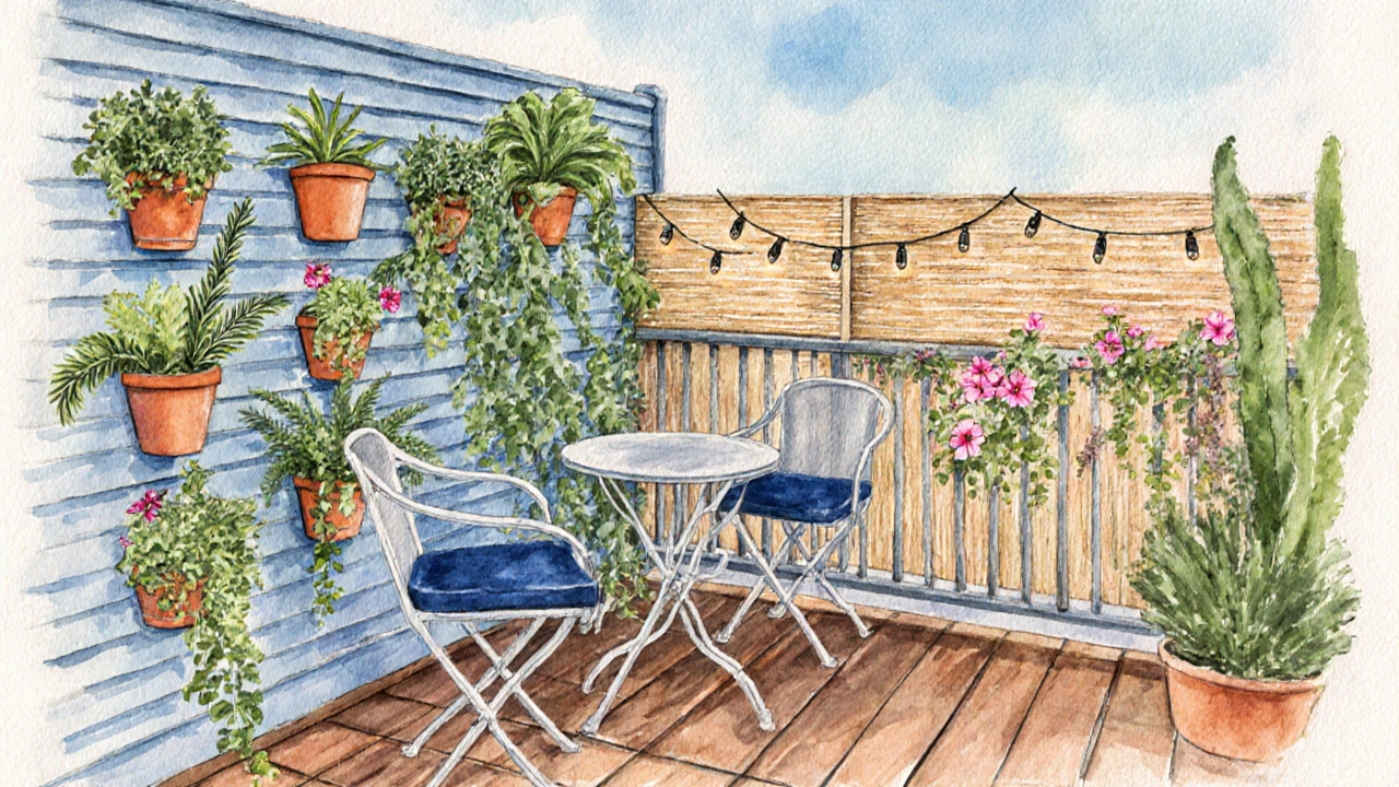 Balcony filled with hanging plants, vertical garden, aluminum chairs and string lights.