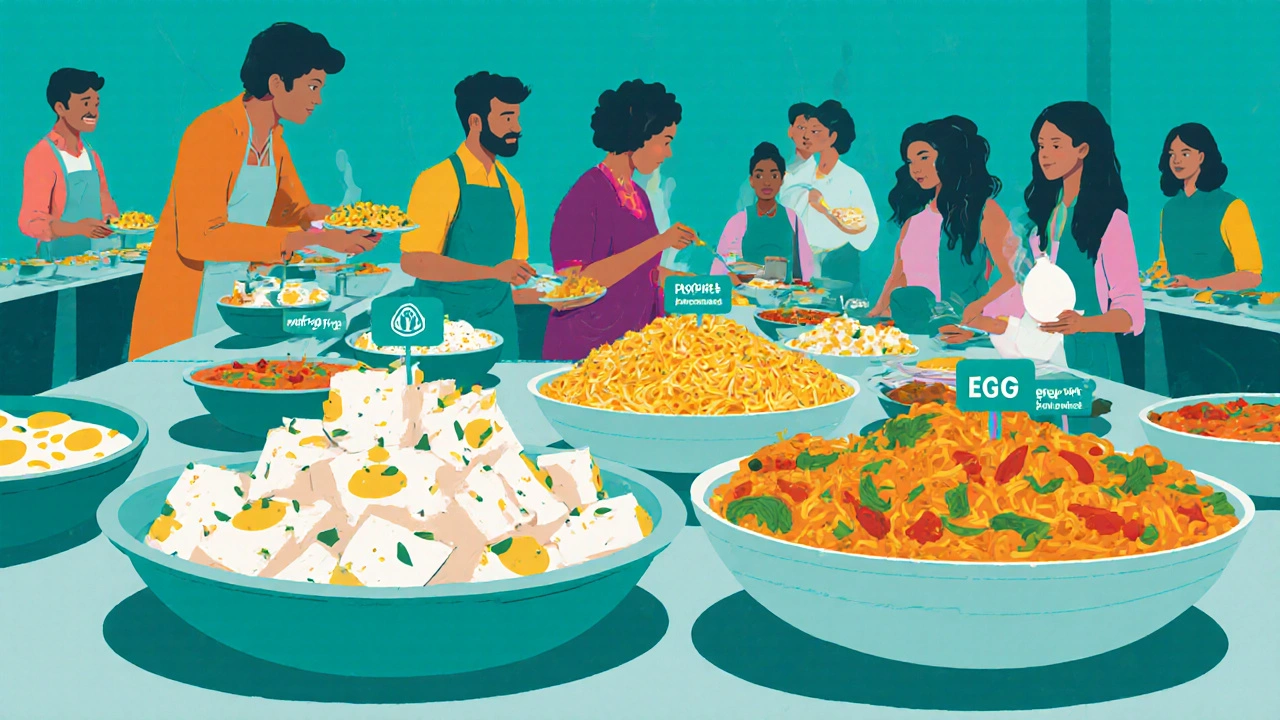 Buffet with clearly marked egg‑free and egg dishes, guests picking food.