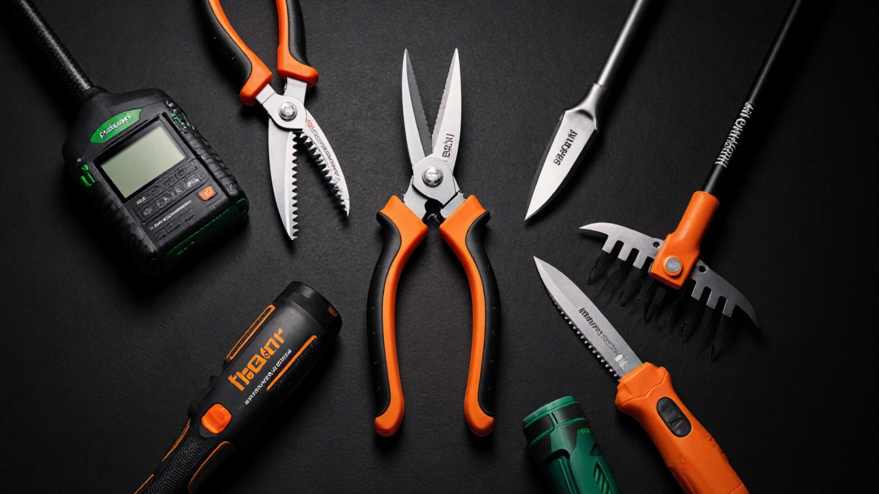 Close‑up lineup of flagship garden tools from top brands on a studio backdrop.