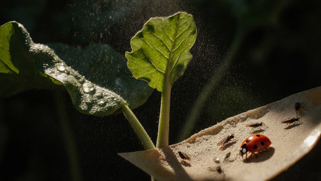 Close‑up of leaf misted with spray, diatomaceous earth dust, sticky trap with insects and a ladybird.