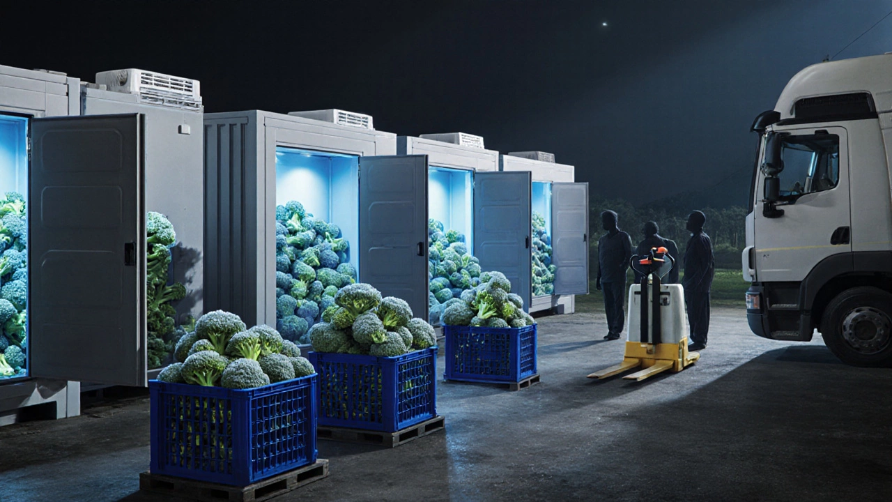 Cold‑chain hub with refrigerated units and trucks loading crates of broccoli.