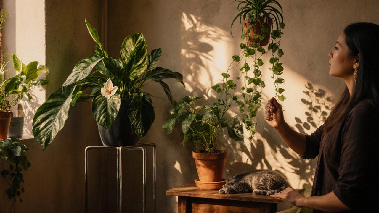 Cozy indoor garden corner with various easy plants, cat, and happy caretaker.