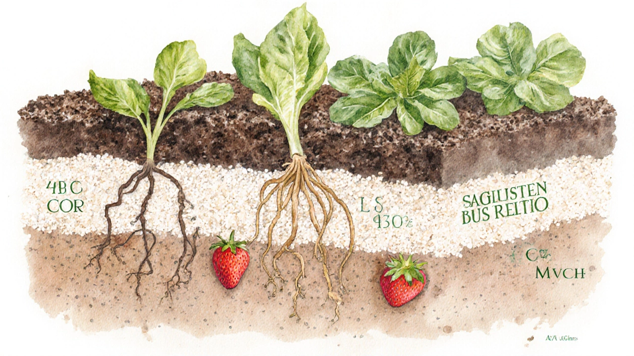 Cross‑section of lightweight growing medium mix with roots of lettuce and tomatoes.