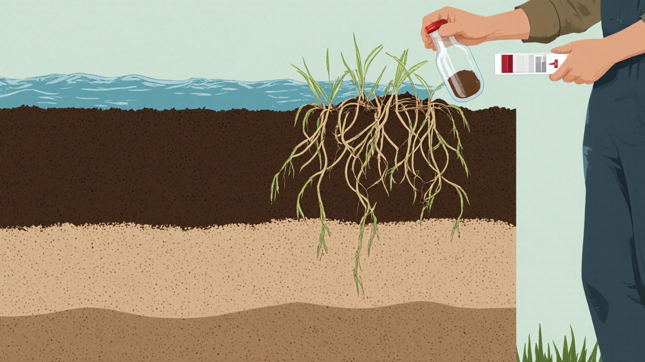 Cross‑section showing soil layers and a farmer testing pH beside a flooded paddyp.