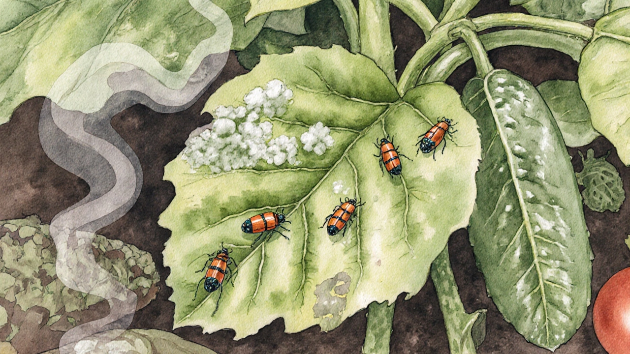 Cucumber leaf with beetles, mildew, and sage emitting vapor-like oils.