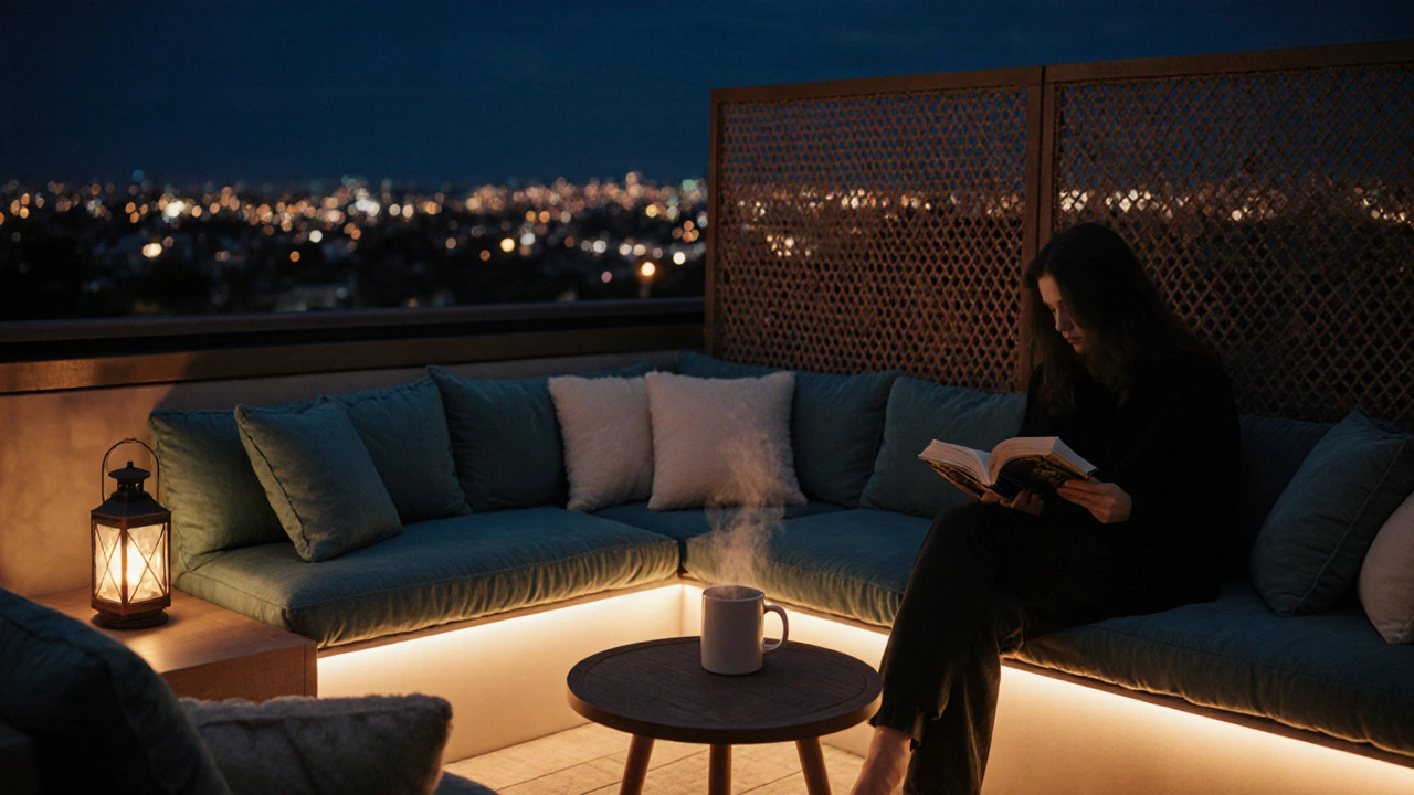 Evening balcony oasis with lanterns, privacy screen, cushions and someone enjoying coffee.