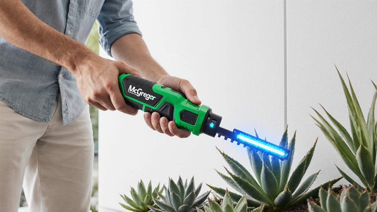 Futuristic battery‑assisted McGregor pruner held by a gardener in a minimalist garden.