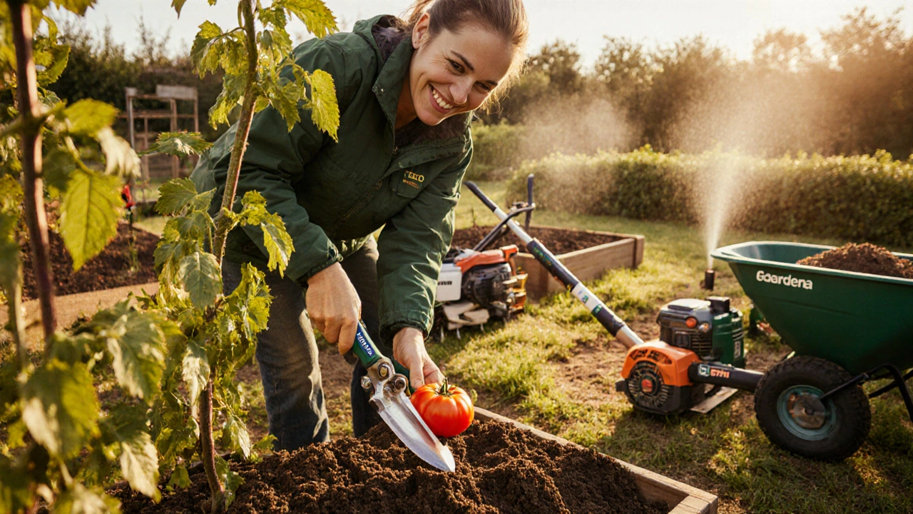 Gardener using various premium tools while working in a sunny garden.