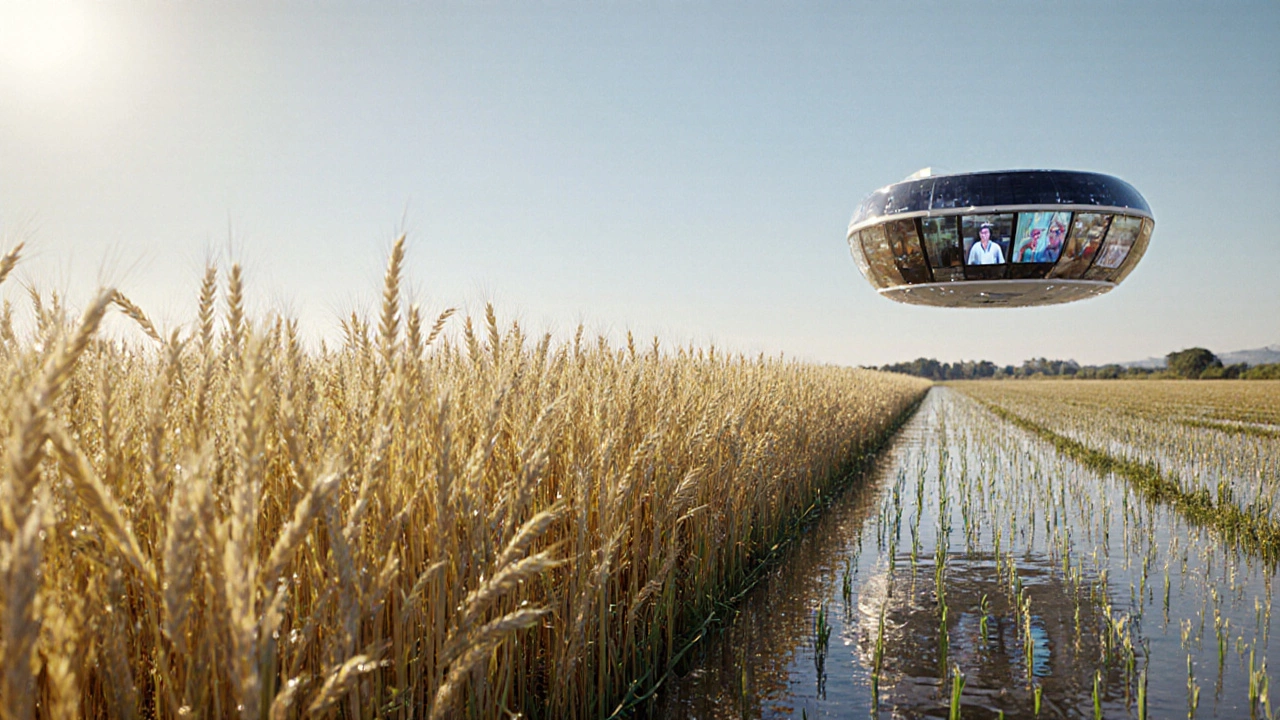 Golden glowing rice in a field beside modern irrigation and a lab drone monitoring flood‑tolerant rice.