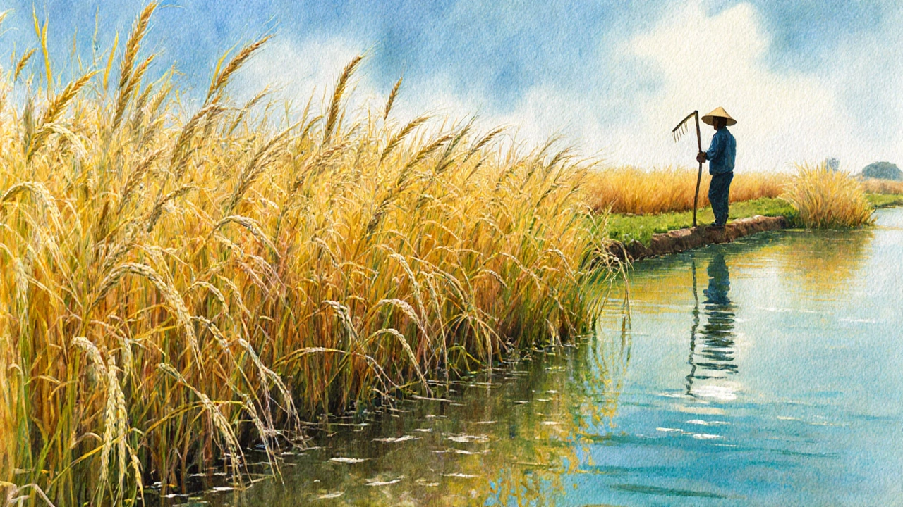 Golden mature rice stalks swaying in a sunlit paddyp with a farmer holding a sickle.