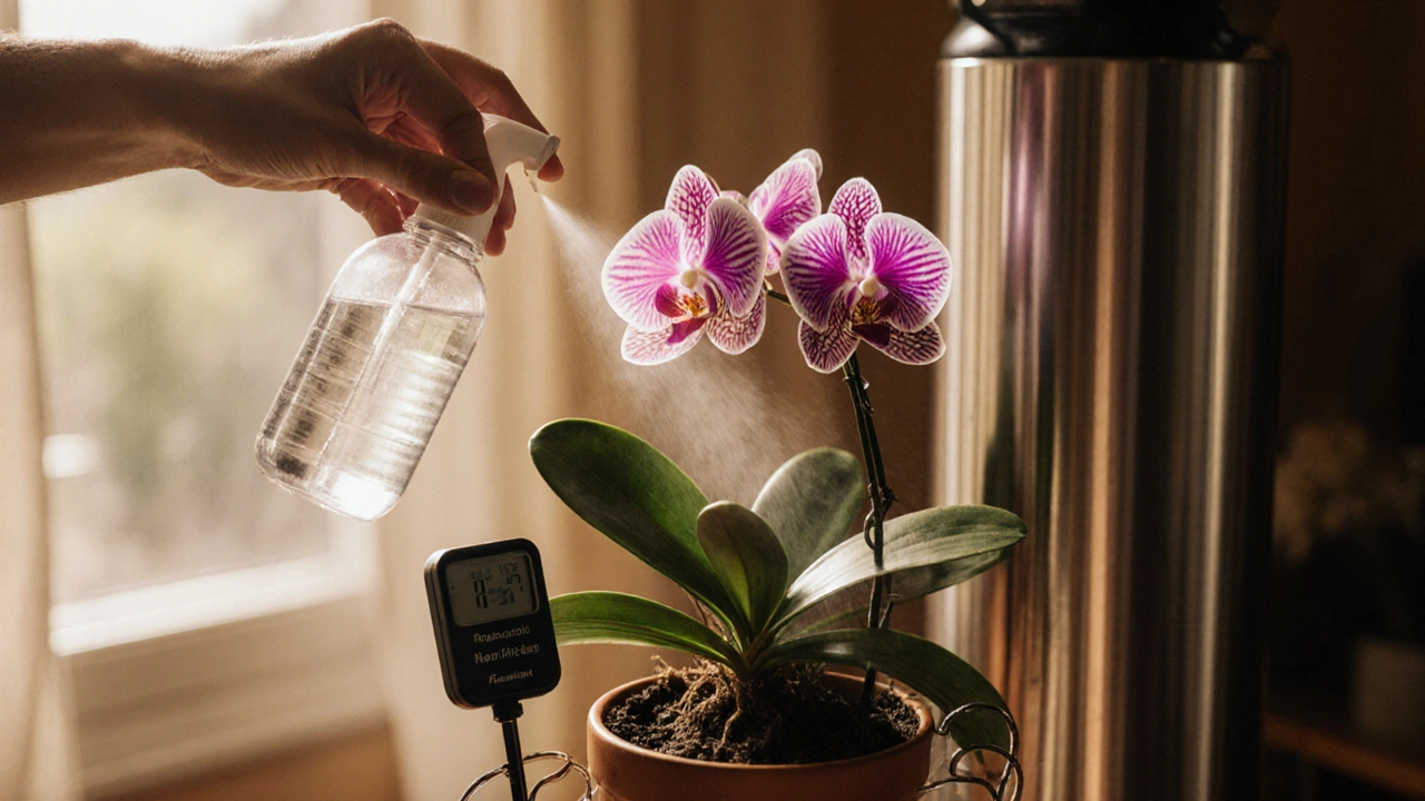 Hand misting an orchid with distilled water near an RO filtration unit.