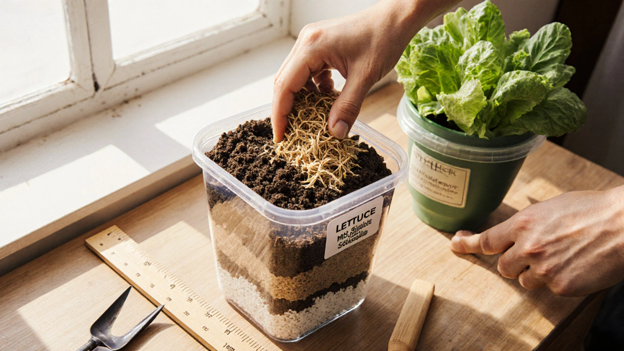 Hands mixing compost, coir, and perlite in a shallow container next to stackable pots.