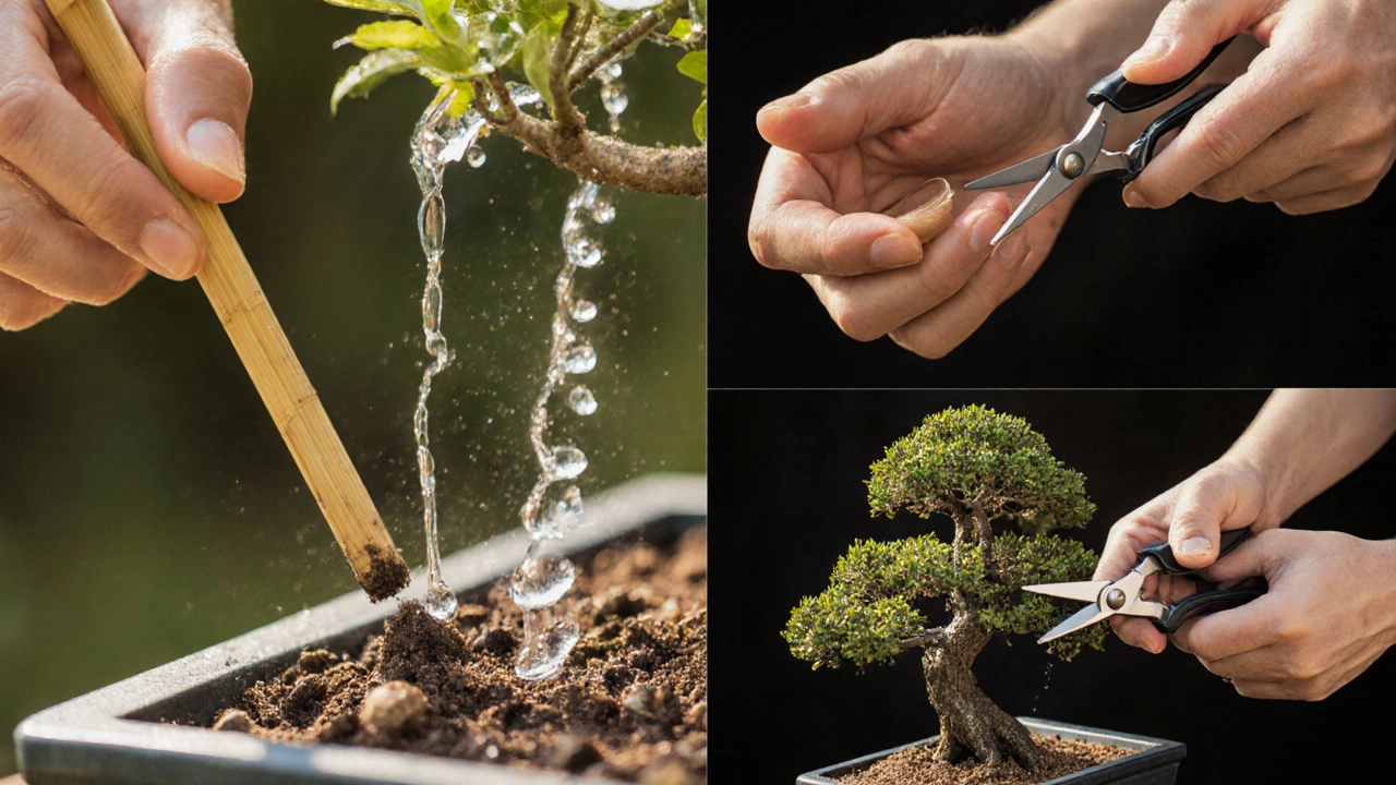 Hands tending a bonsai: checking soil, pruning, wiring, and repotting.