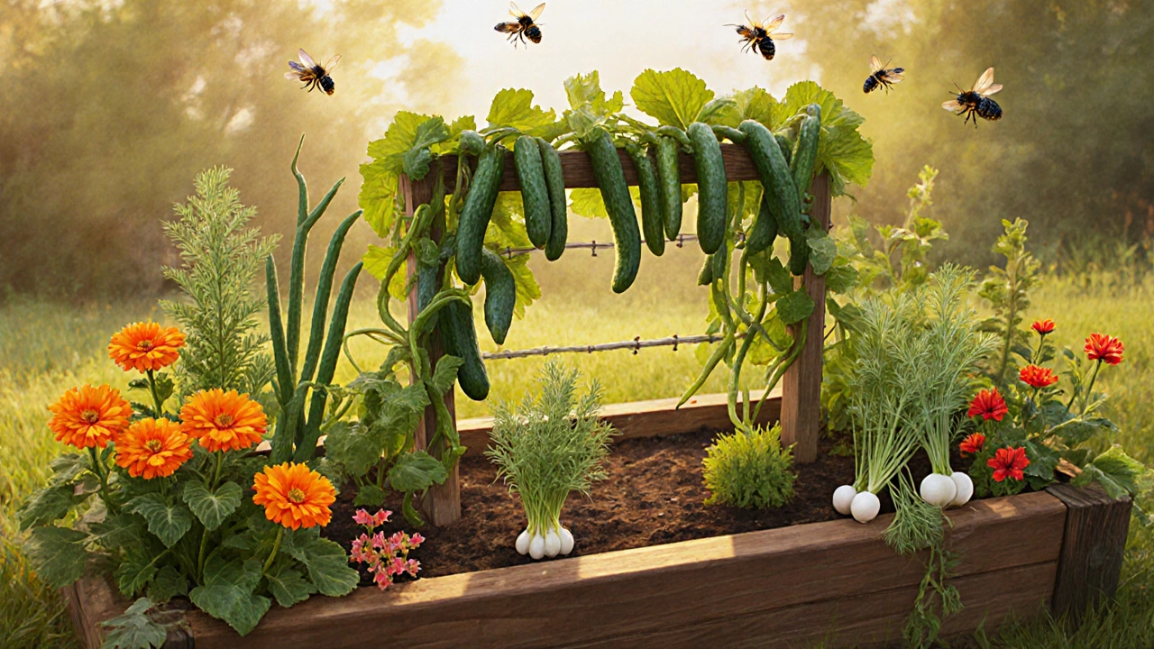 Healthy cucumber bed with beans, marigold, dill, nasturtium, radish, and beneficial insects.