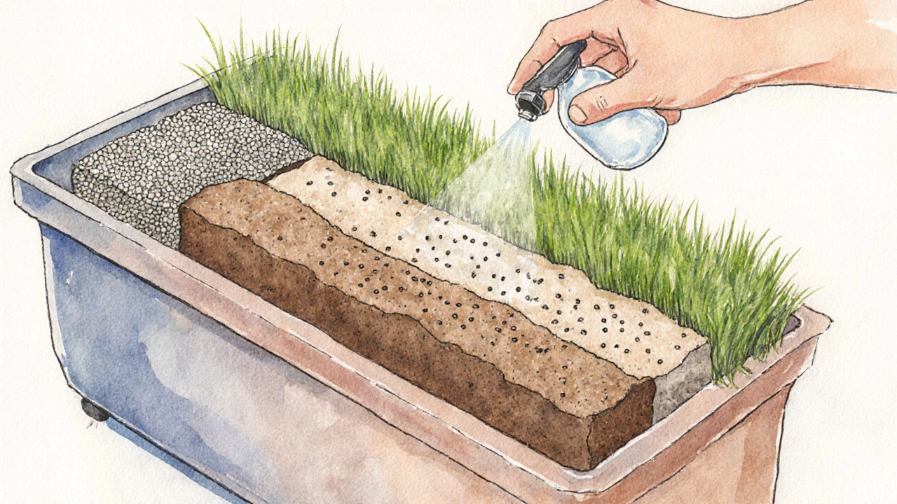 Illustration of a container being layered with gravel, sand, soil, and grass seed.