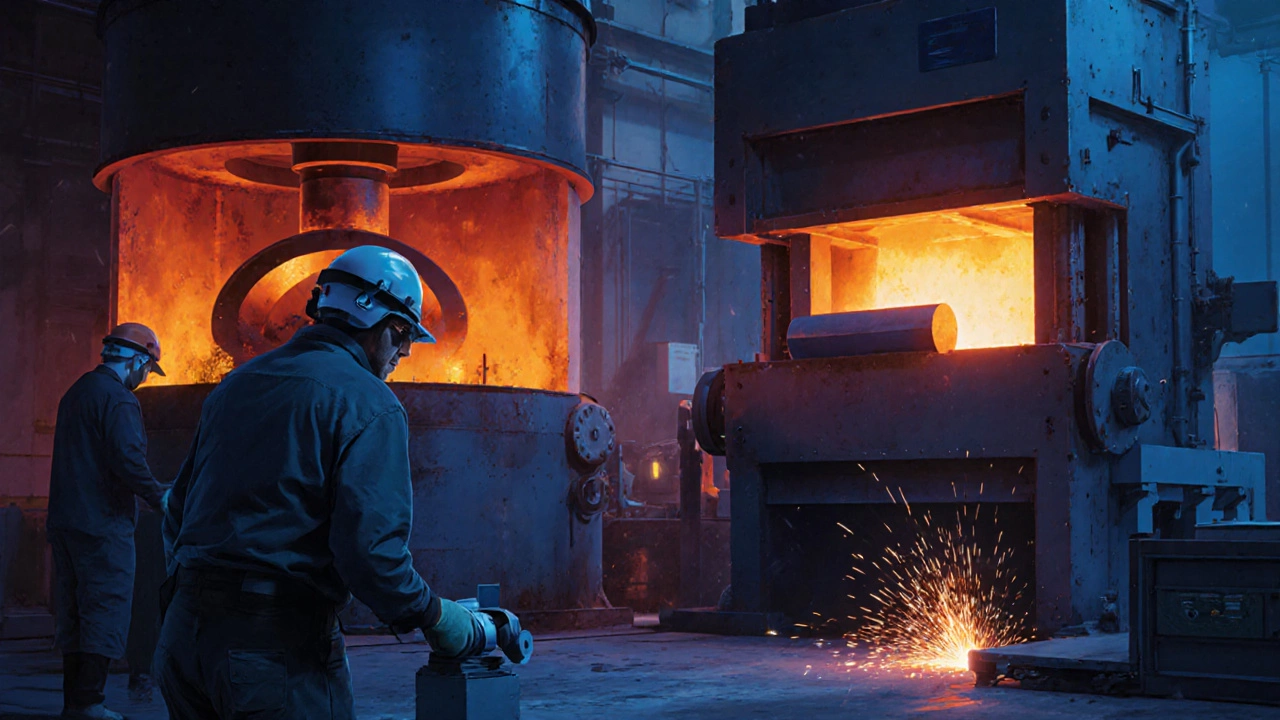 Industrial scene showing steel billets being forged and shaped into a blade at McGregor&#039;s factory.
