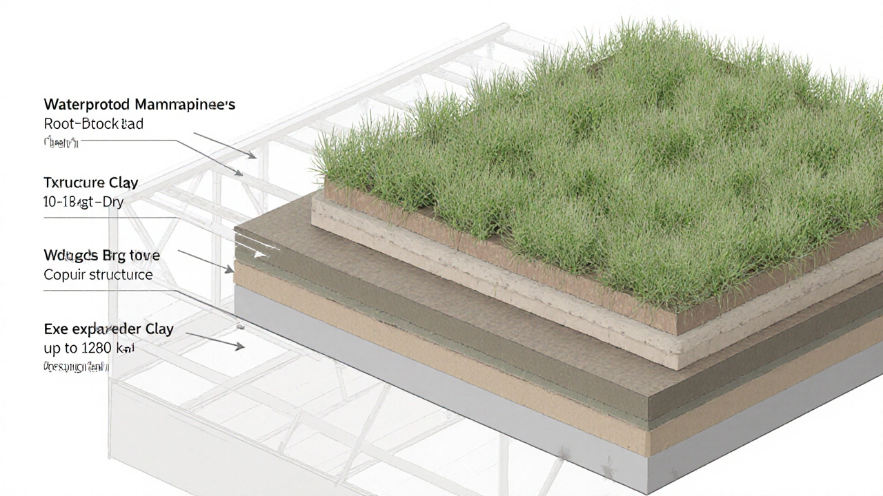 Isometric cross-section showing green roof layers and weight arrows.