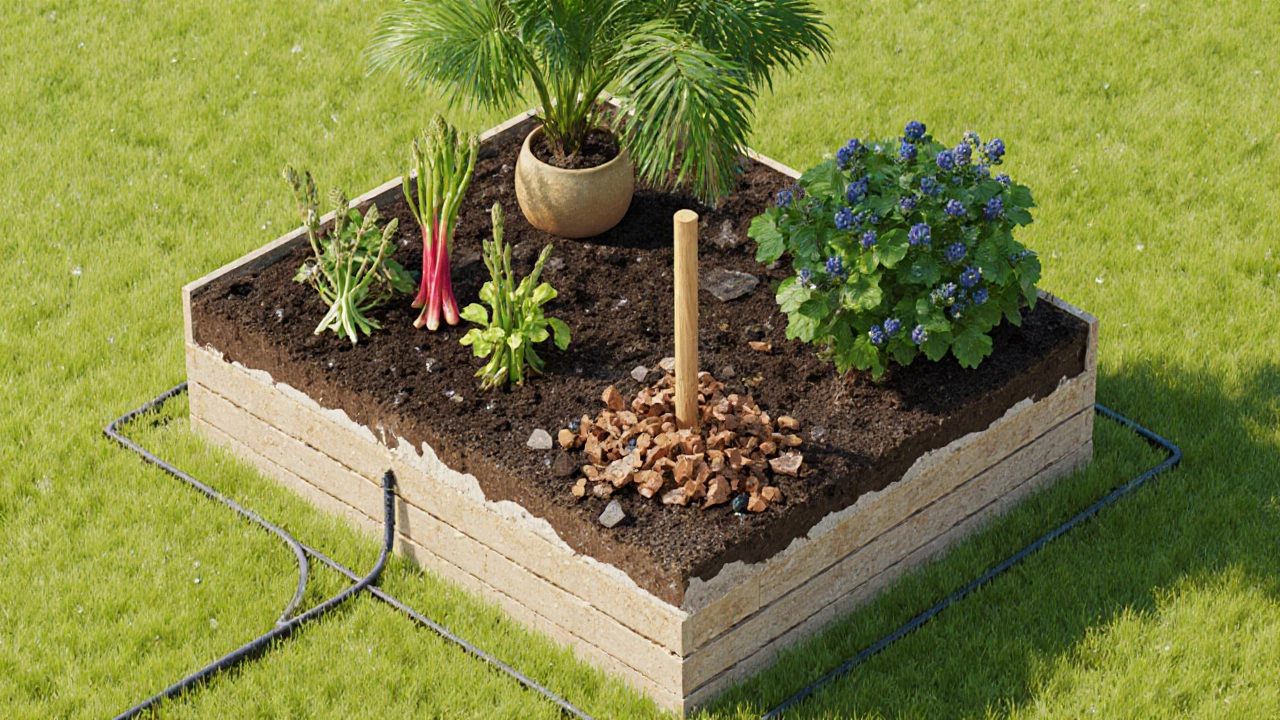 Isometric view of a deep, layered raised bed with drip irrigation, thriving plants, and a palm in a pot.
