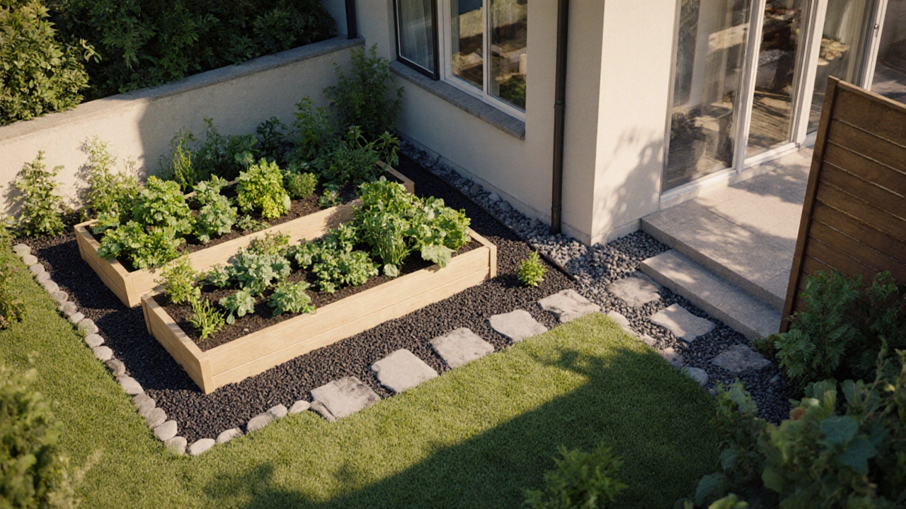 Isometric view of a garden with proper setback, raised beds, drainage, and fire‑safe mulch.