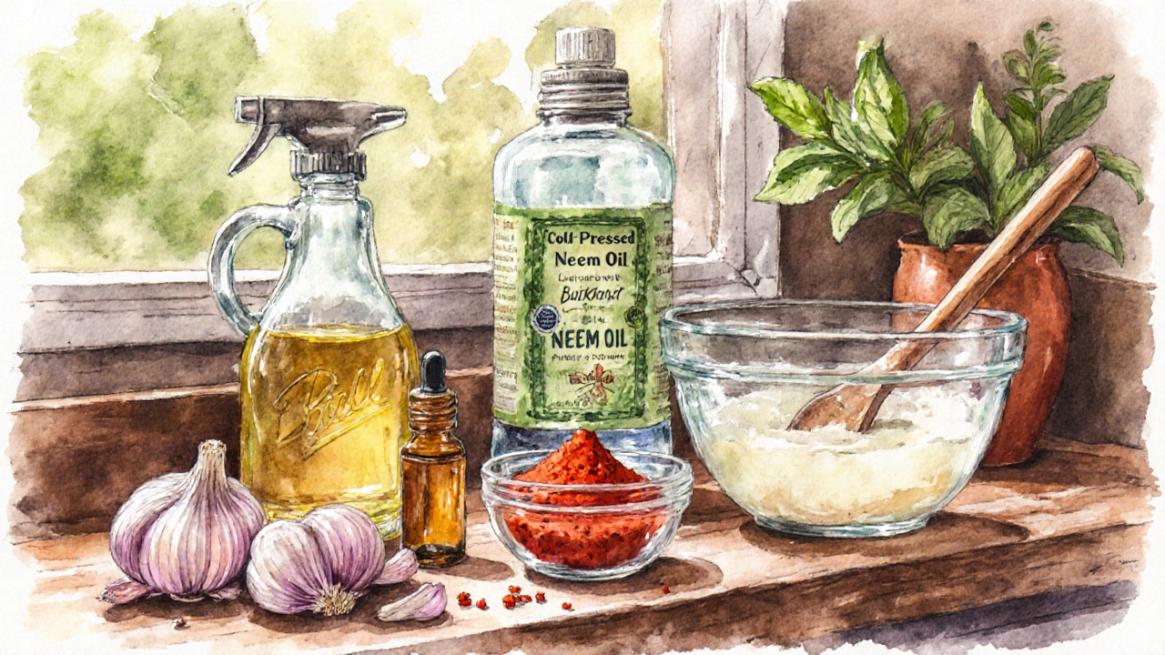 Kitchen counter with garlic, cayenne, neem oil, essential oil, soap and spray bottle mixed for garden spray.