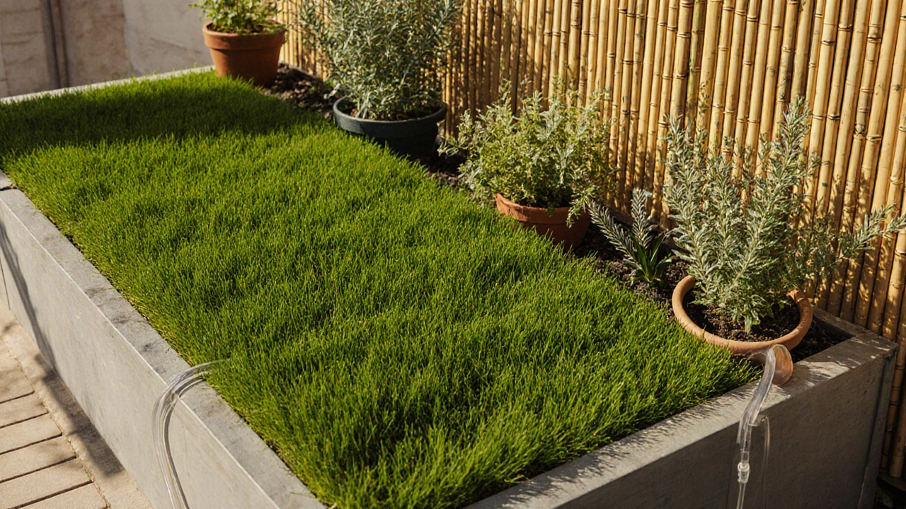Mature balcony lawn with bamboo windbreak and drip irrigation under sunlight.