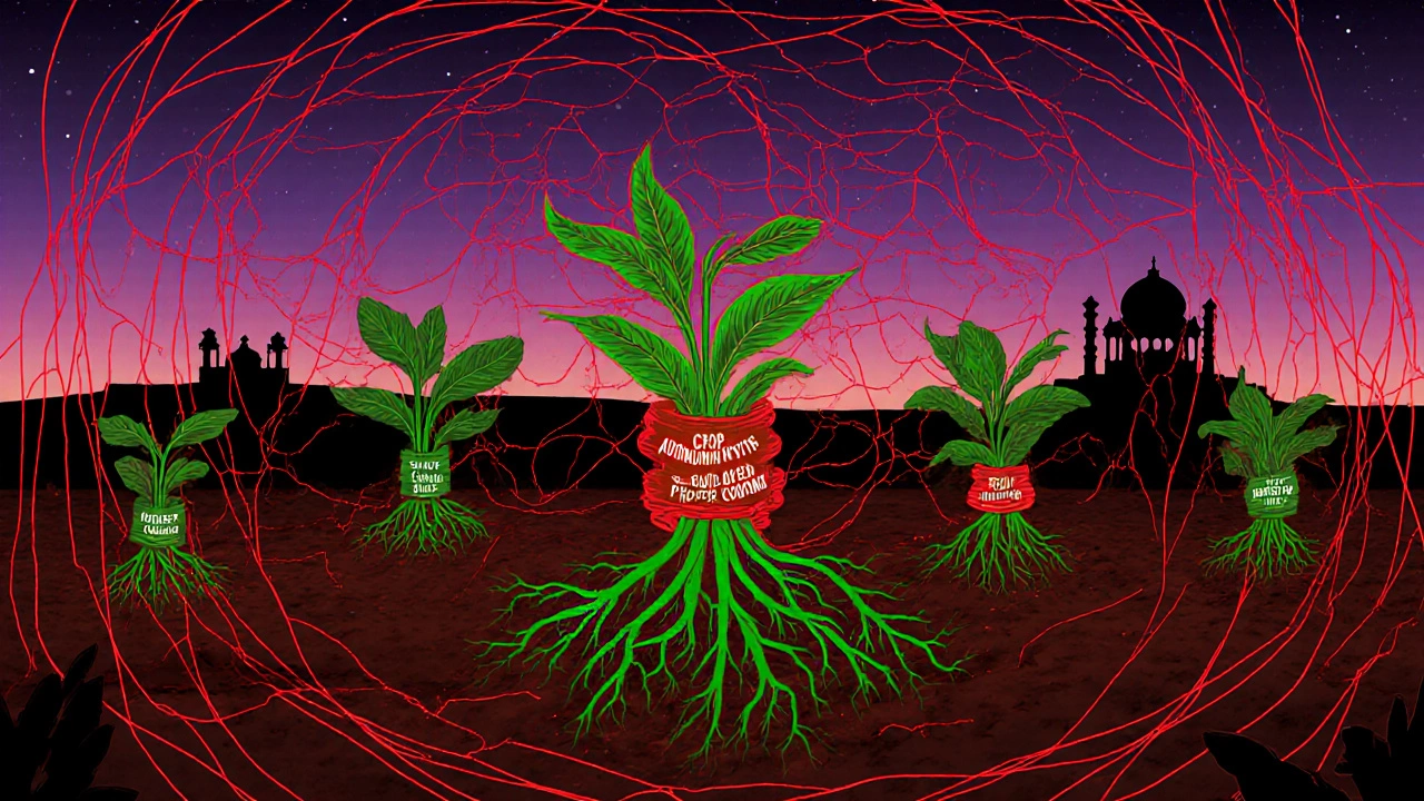 Mythical web of misinformation unraveling as healthy crop rotation roots strengthen the soil beneath nightshade plants.