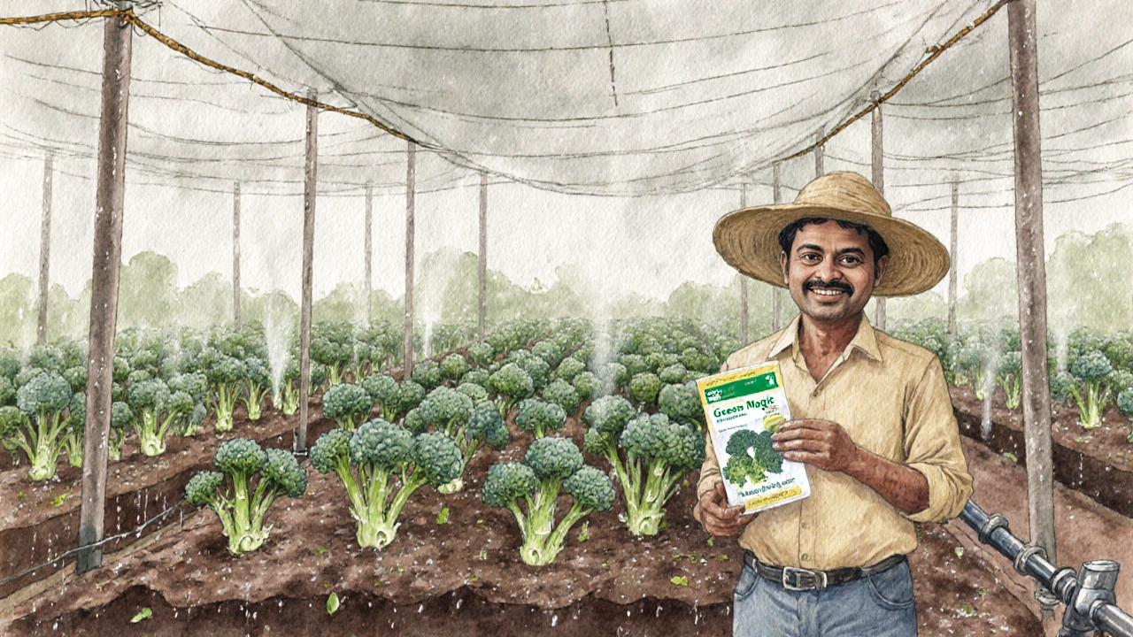 Nursery with broccoli seedlings under a shade net, drip irrigation, and misting during monsoon.
