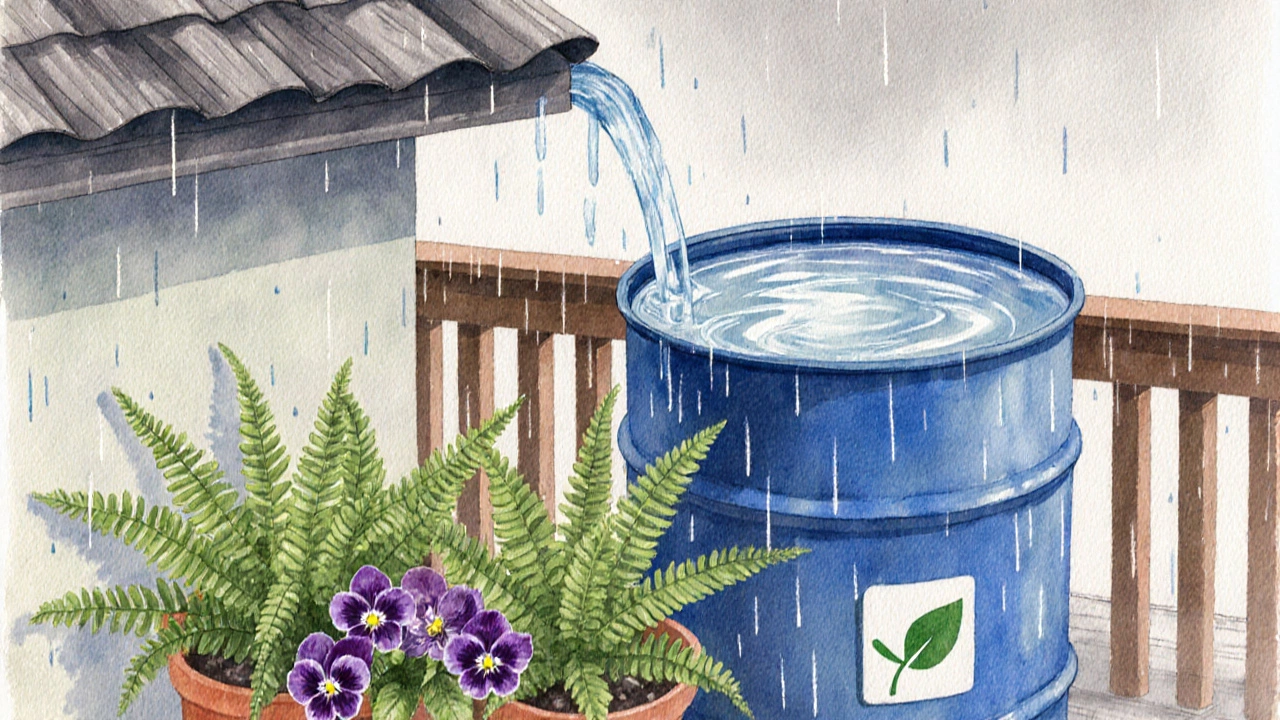 Rooftop rainwater barrel feeding ferns and African violets on a balcony.