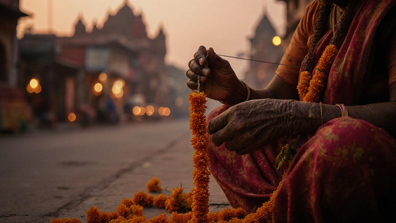 Rural woman's hands stringing marigolds into a long garland at dusk, temple lights faintly glowing behind.