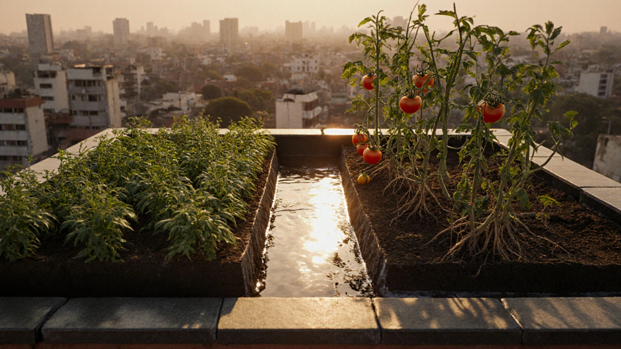 Side‑by‑side rooftop beds: shallow herb plot versus deeper vegetable plot illustrating depth contrast.