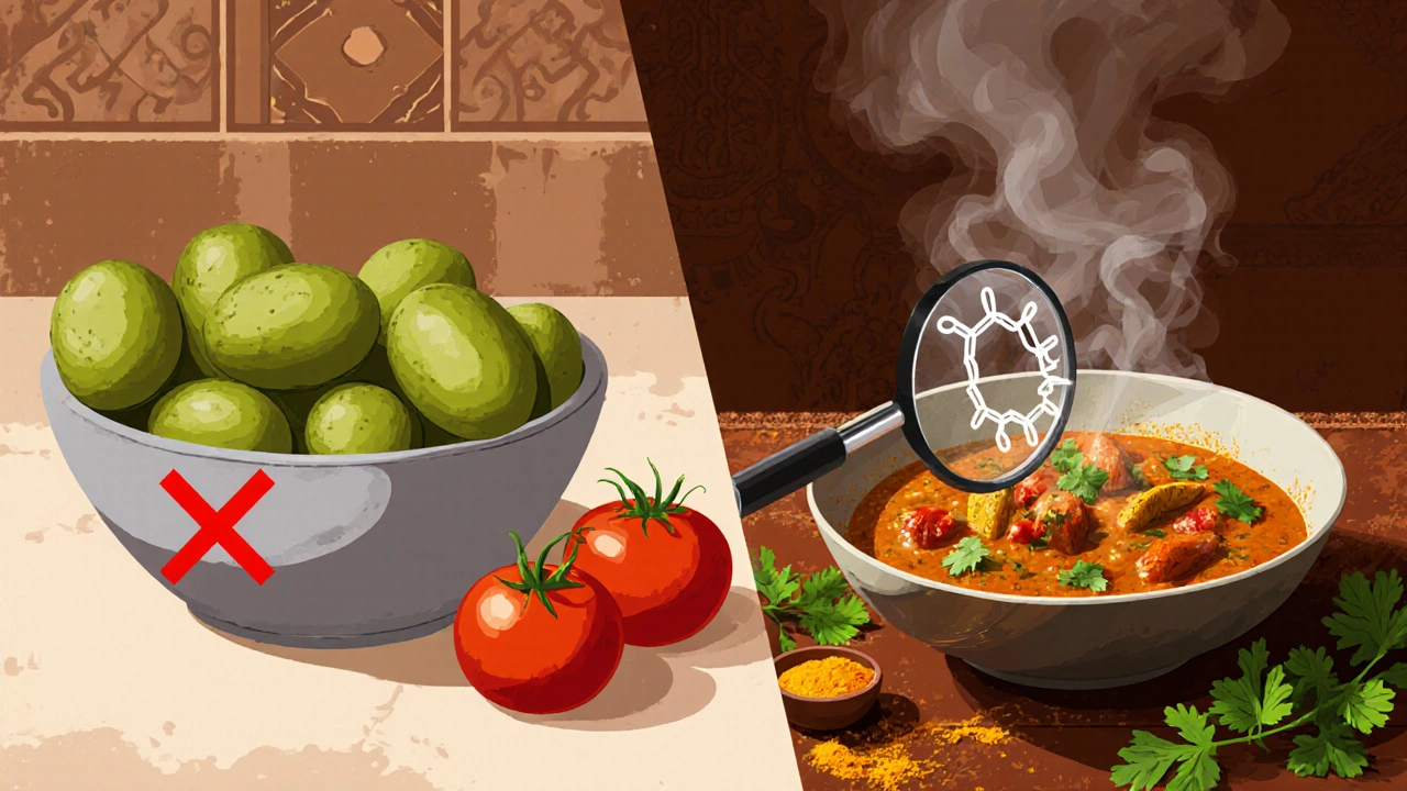 Split image: raw green potatoes vs. cooked nightshades in Indian curry, showing how preparation changes safety.