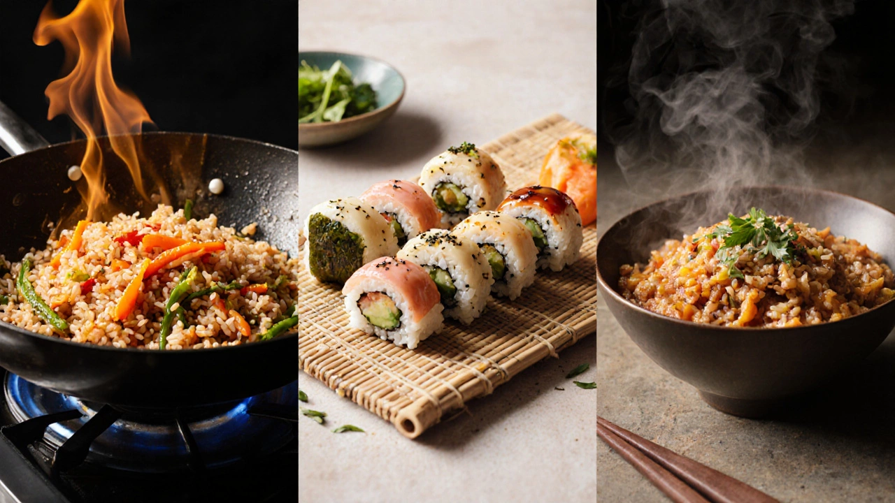 Three rice dishes: fried Indica rice, sushi with Japonica rice, and biryani with Basmati rice.