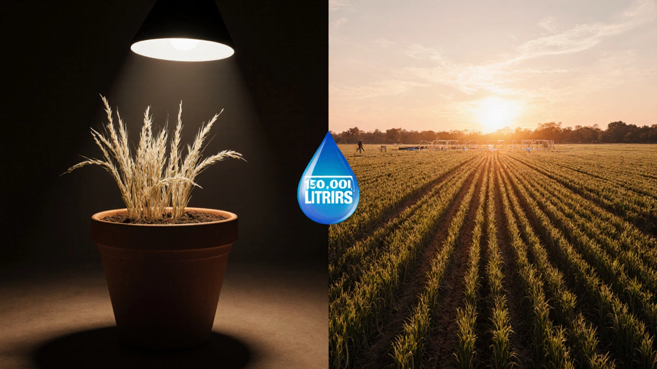 Tiny backyard rice pot versus large modern farm with water usage highlighted between them.