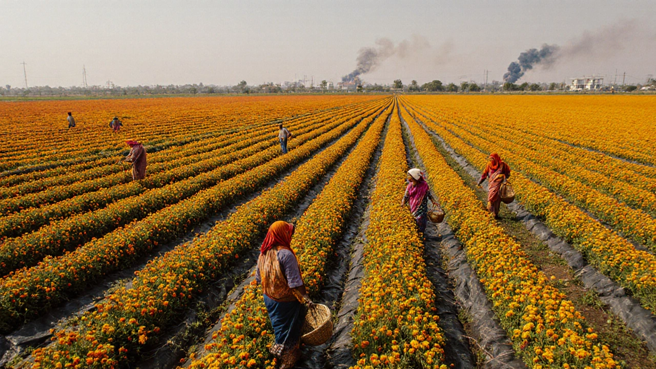 Vast commercial marigold farms in Telangana under bright sun, farmers harvesting with drip irrigation.