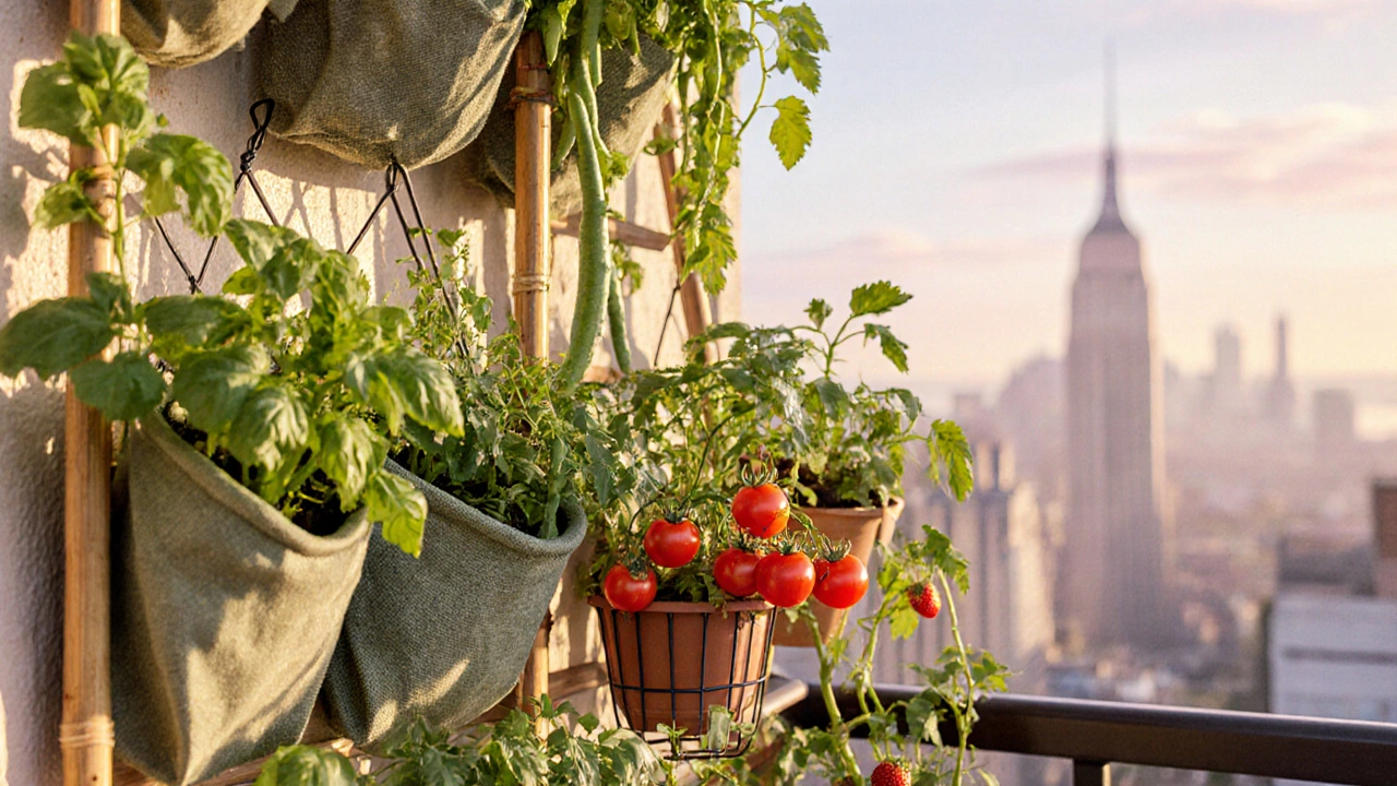 Vertical balcony garden with herbs, beans, tomatoes, and hanging strawberries.