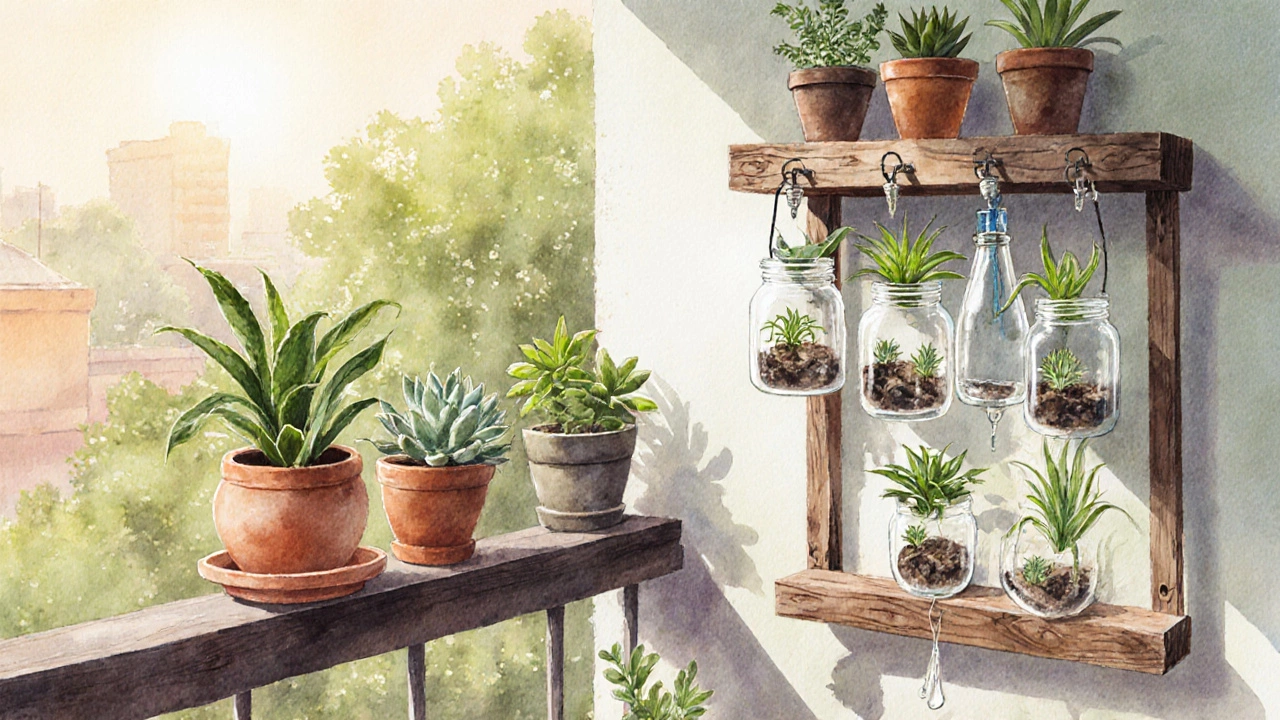 Watercolor balcony garden with pots, spider‑plant cuttings, and drip‑irrigation bottle.