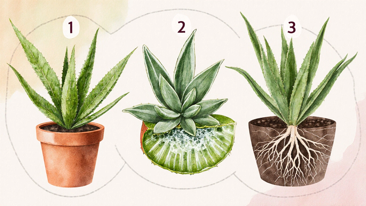 Watercolor illustration of leaf light absorption, succulent water storage, and roots.