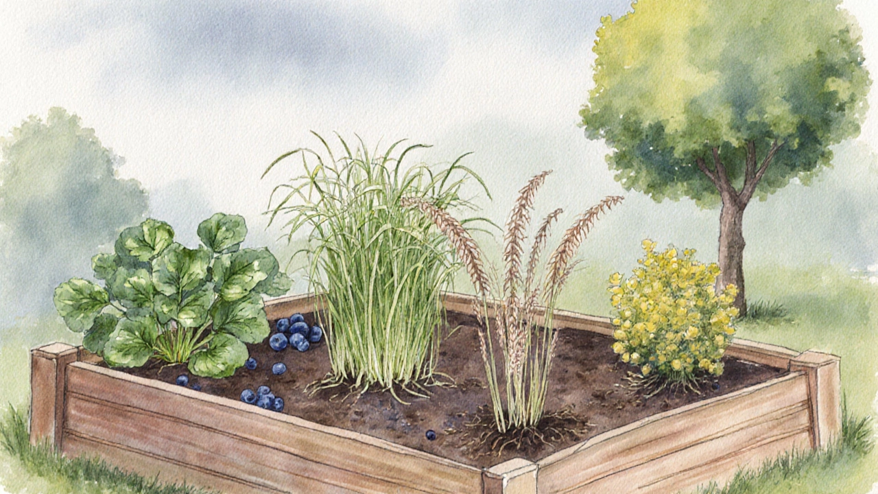 Watercolor of a raised bed showing drooping rice, limp watercress, yellow blueberry leaves, and a shallow‑rooted apple tree.