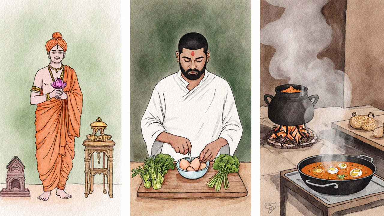 Watercolor scene showing Hindu, Jain, and Sikh food practices with separate egg handling.