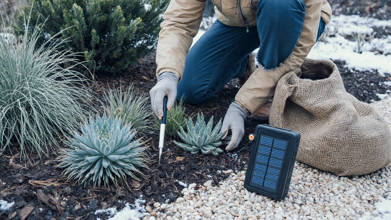 Winter garden check: gardener probes soil, adjusts timer, and protects succulents with burlap.