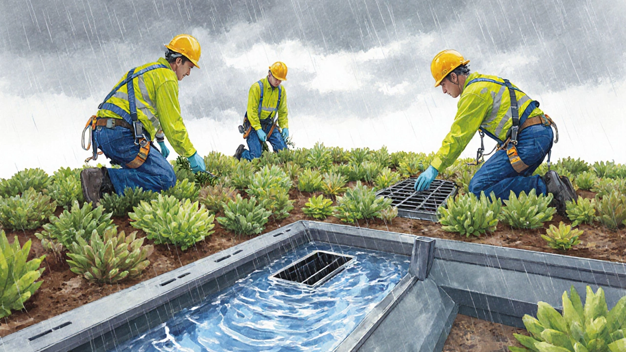 Workers maintaining a green roof, checking plants and drainage under cloudy sky.