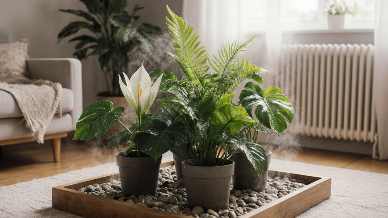 A group of tropical houseplants on a pebble tray, steam rising gently in a cozy indoor setting.