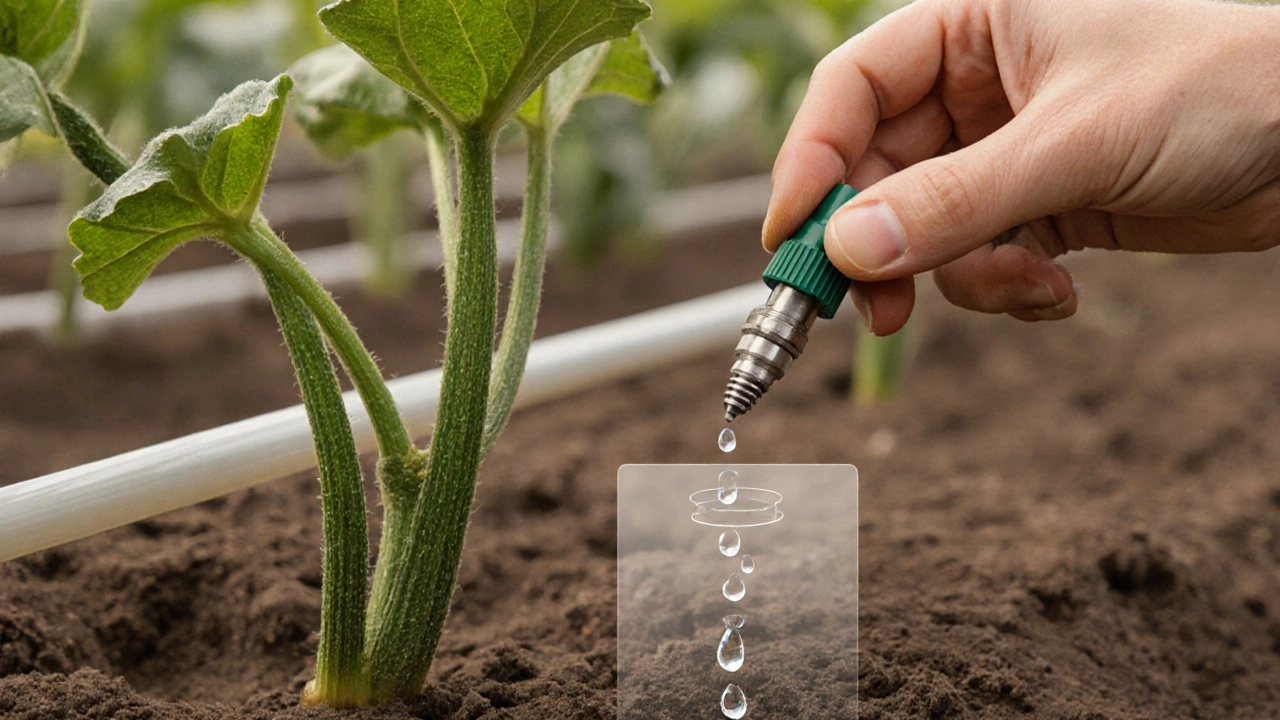 A hand placing a drip emitter near a zucchini plant, with water flowing directly into the root zone and dry soil around it.