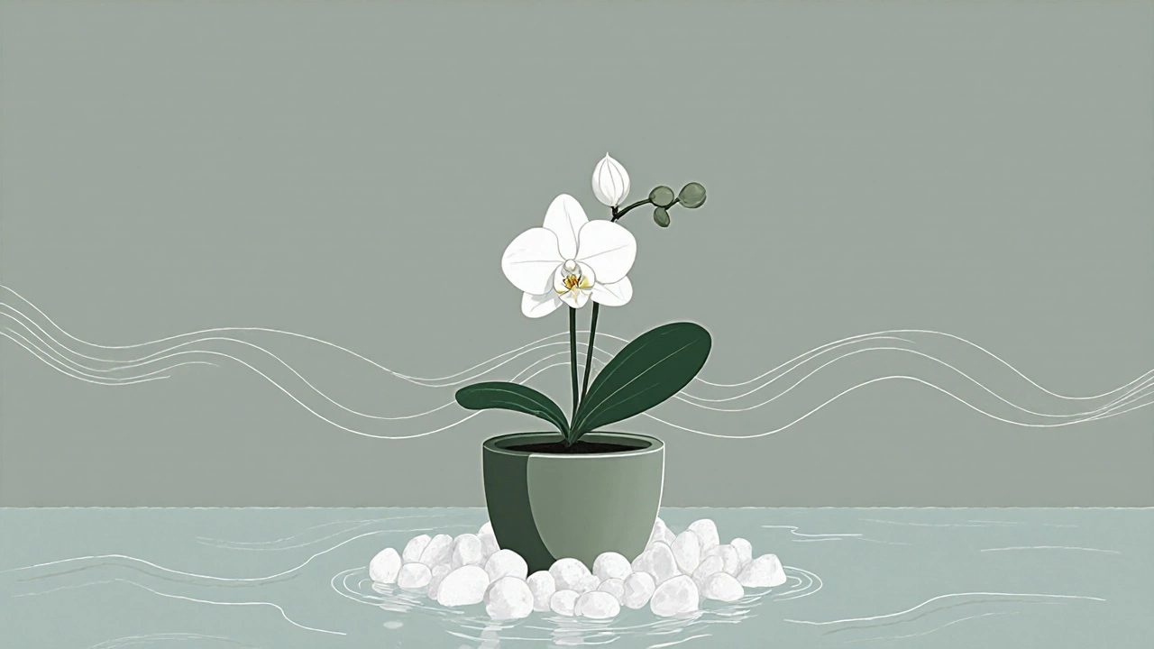 An orchid on white pebbles above water, abstract humidity lines rising in a minimalist composition.