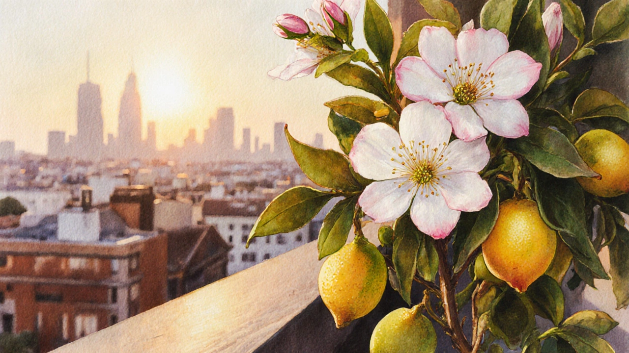 Close-up of lemon blossoms and small fruits on a balcony tree during golden hour, city blurred in background.
