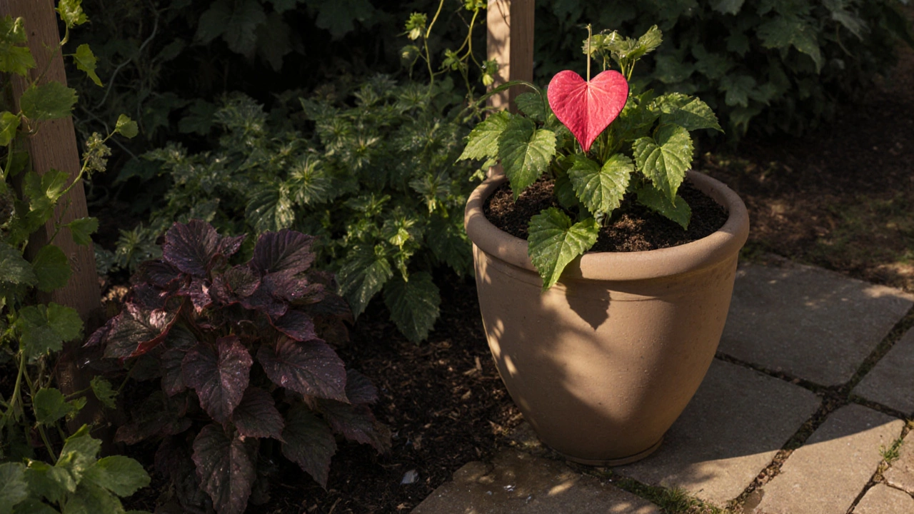 Container-grown bleeding heart with companion plants under a vine-covered pergola in morning light.