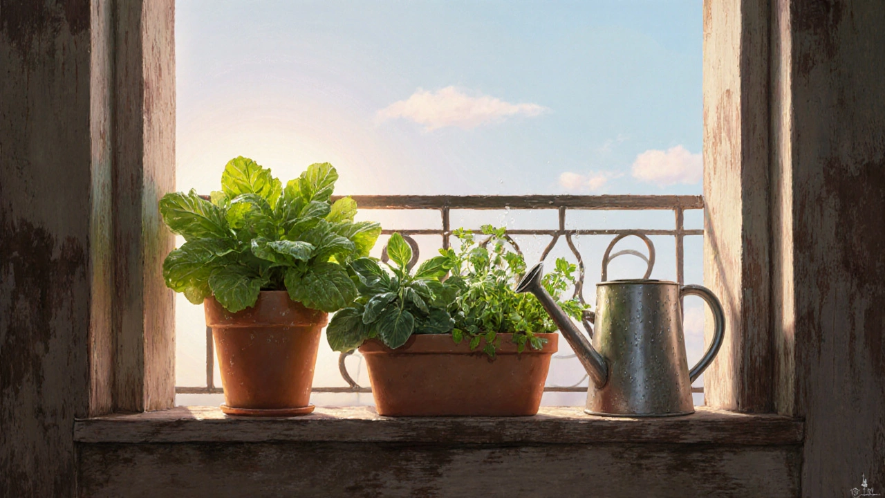 East-facing balcony at sunrise with leafy greens and morning light.